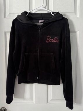 Barbie π Black Velour Zip-up Hoodie with Pink Rhinestone Logo